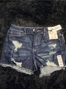 SO Dark Blue Distressed Denim Ankle Shorts